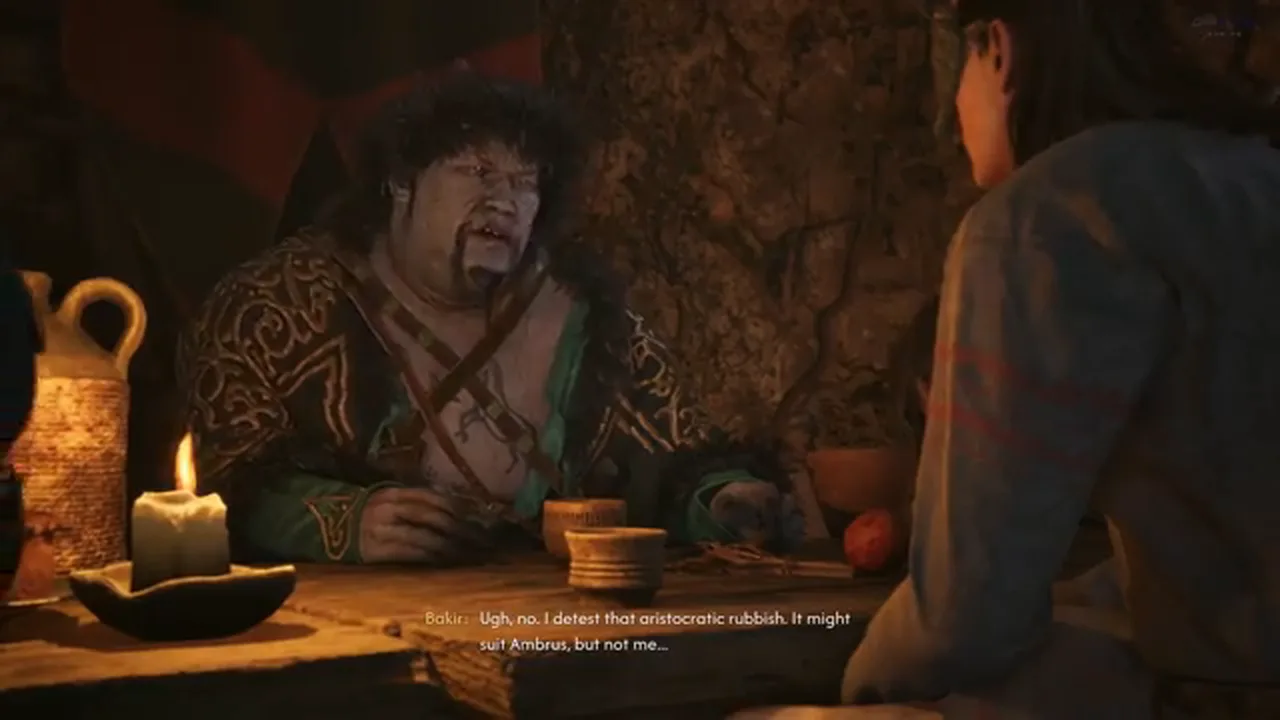 Bakir, the Mad Khan seated at the banquet table pouring blood wine and questioning Coen