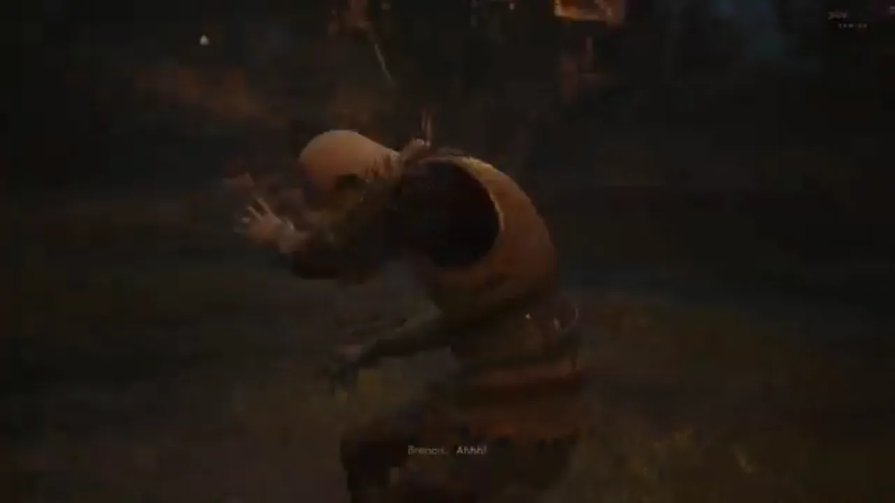 Coen clashing rapiers with Lord Brencis in the burning estate courtyard during the prologue