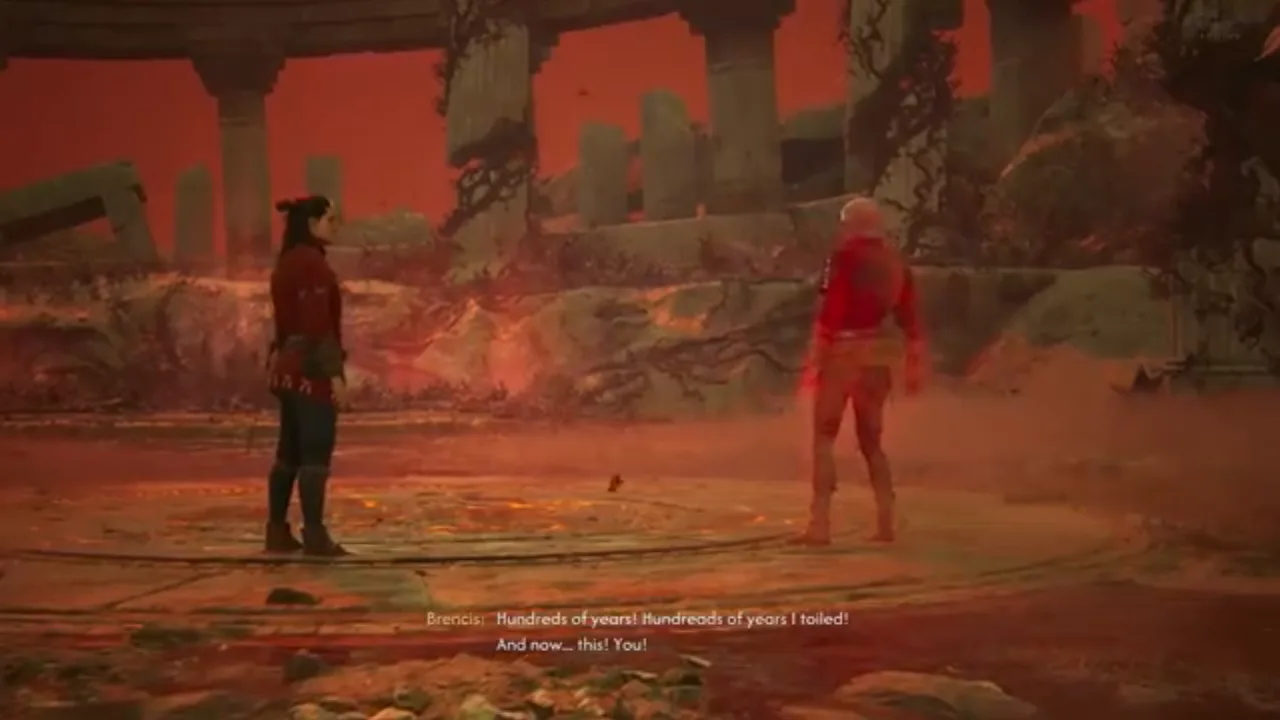 Lord Brencis collapsing on his knees in shock during the secret prologue ending cutscene