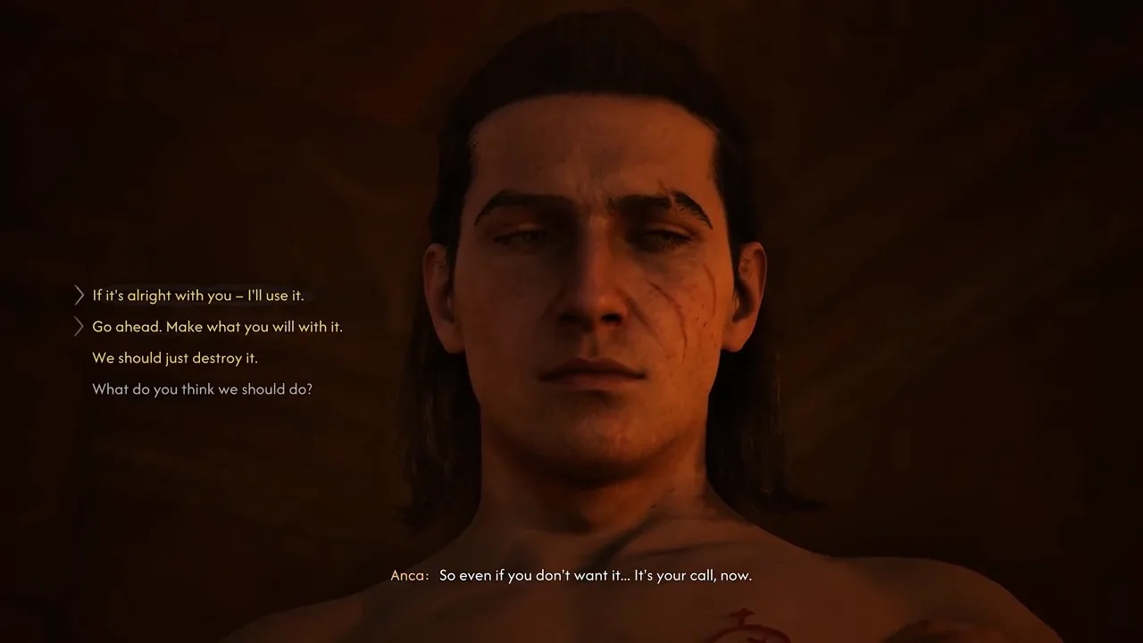 Coen conversing with Anca at the campfire during her companion questline