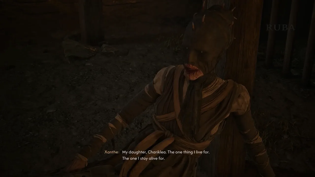 Xanthe shielding her masked daughter Hariclea following defeat in the Sunken Mausoleum