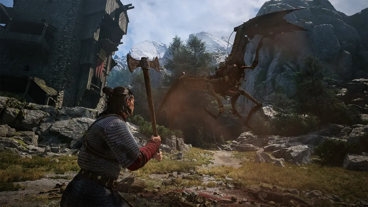 Coen facing a winged enemy in open ground outside a mountain settlement, axe raised