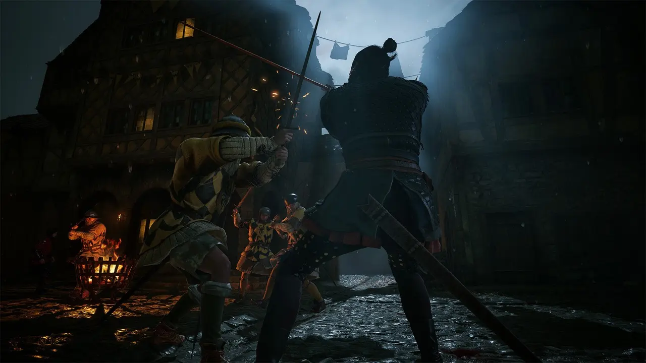 Coen in a night street duel, sword drawn against spear-armed guards in a Vale Sangora settlement