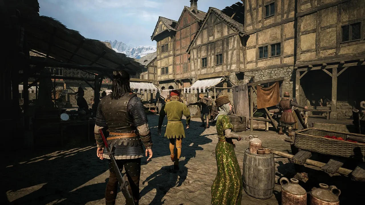 Coen walking a Vale Sangora market street among timber houses, stalls, and townspeople
